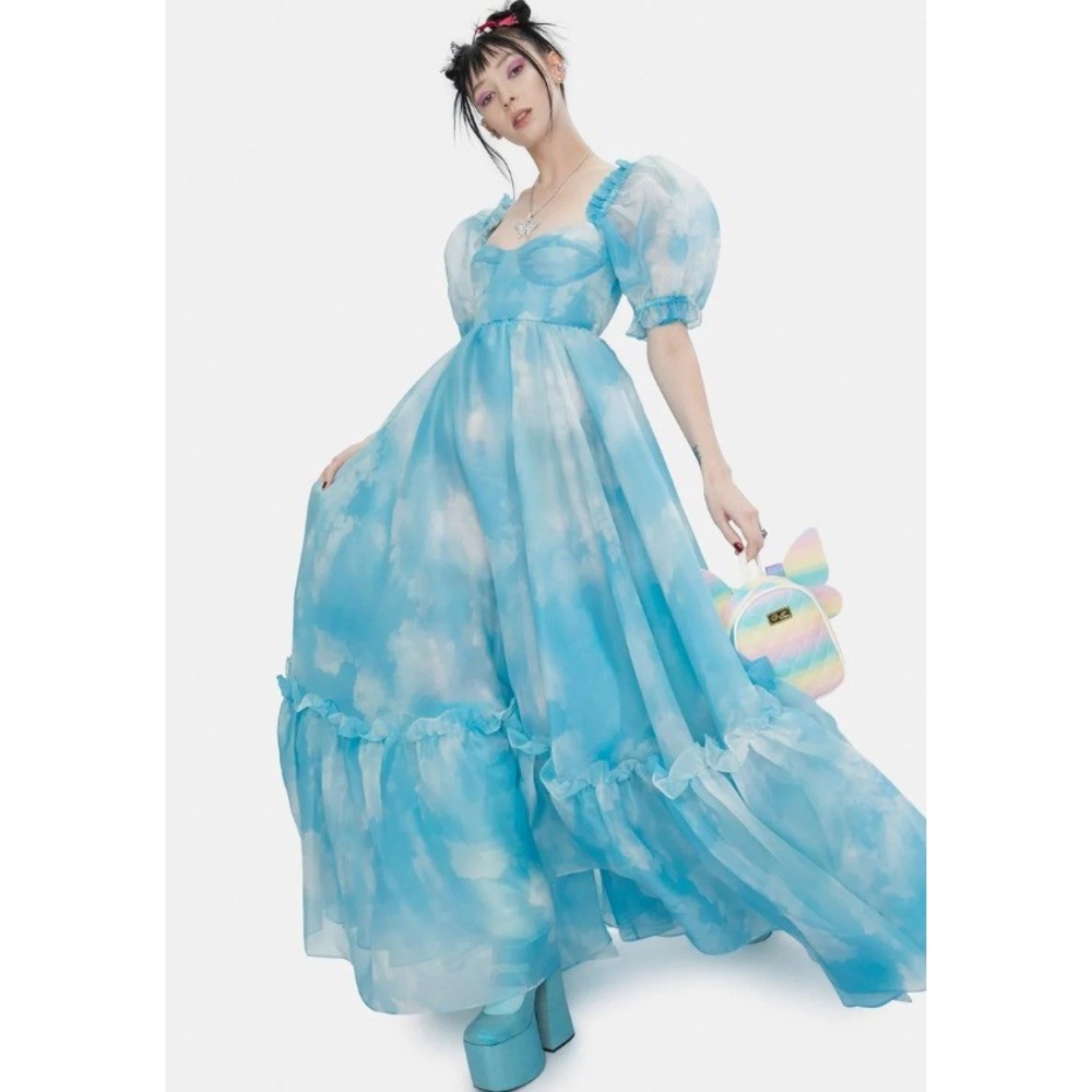 Selkie Head in the Clouds Ritz Gown Dress Blue Puff Sleeve Maxi Cottagecore XXS